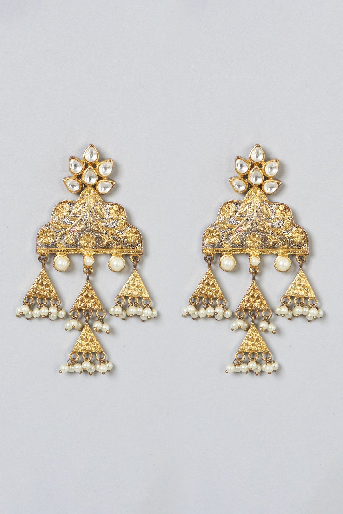 Gold Finish Kundan Polki & Pearl Dangler Earrings