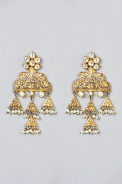 Gold Finish Kundan Polki & Pearl Dangler Earrings