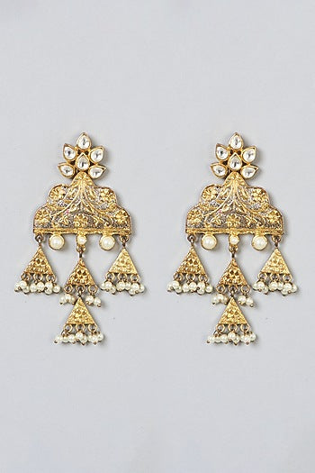 Gold Finish Kundan Polki & Pearl Dangler Earrings
