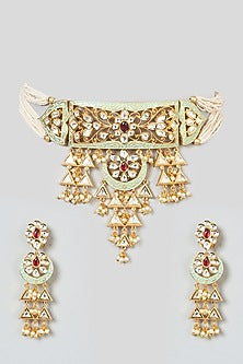 Gold Finish Green Meenakari Kundan Polki Choker Necklace Set