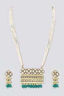 Gold Plated Kundan Polki & Green Beaded Long Necklace Set