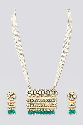 Gold Plated Kundan Polki & Green Beaded Long Necklace Set