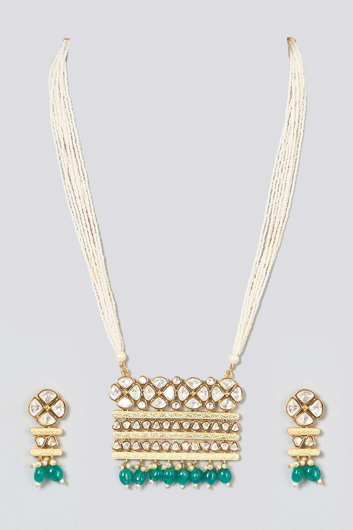 Gold Plated Kundan Polki & Green Beaded Long Necklace Set