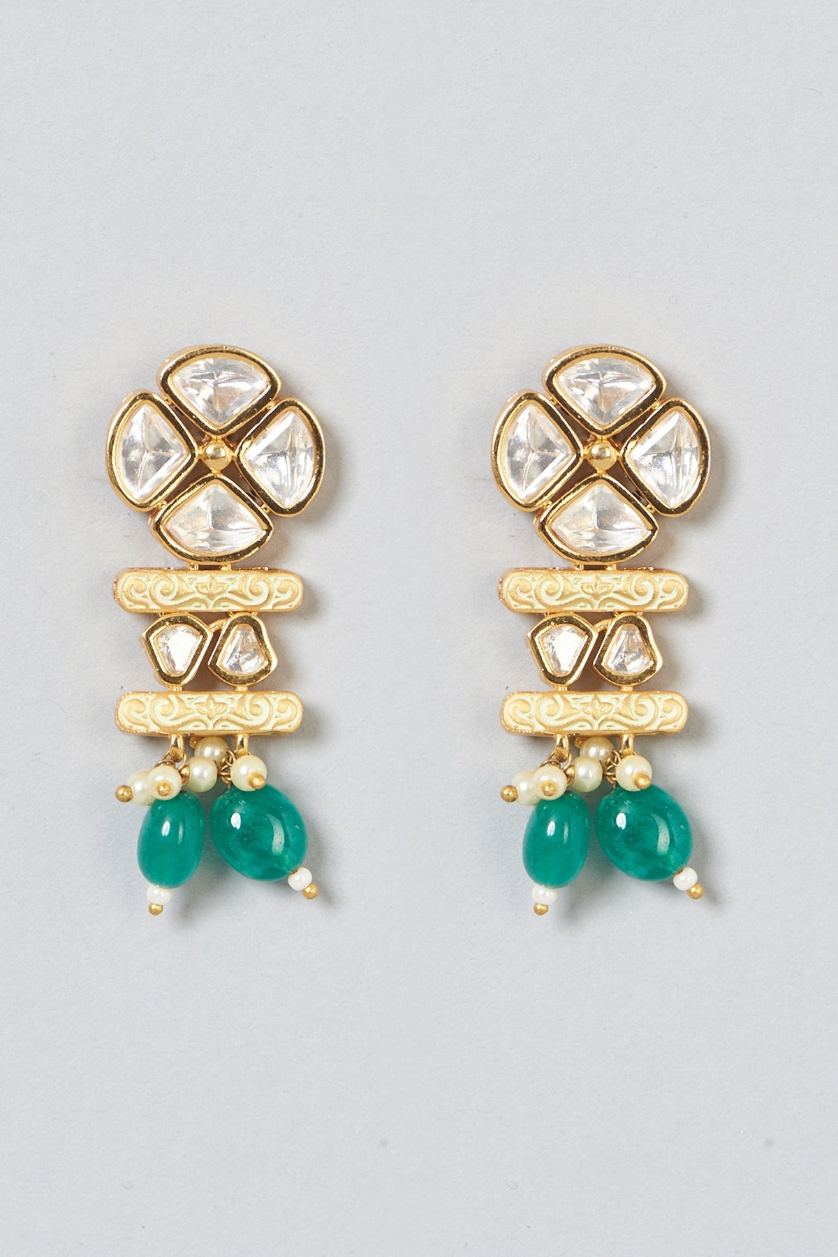 Gold Plated Kundan Polki & Green Beaded Long Necklace Set