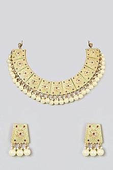 Gold Finish Kundan Polki & Pearl Drop Meenakari Choker Necklace Set