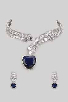 White Finish Diamond & Sapphire Choker Necklace Set