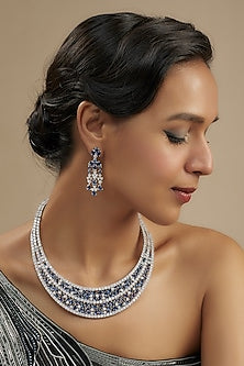 White Finish Diamond & Blue Stone Necklace Set