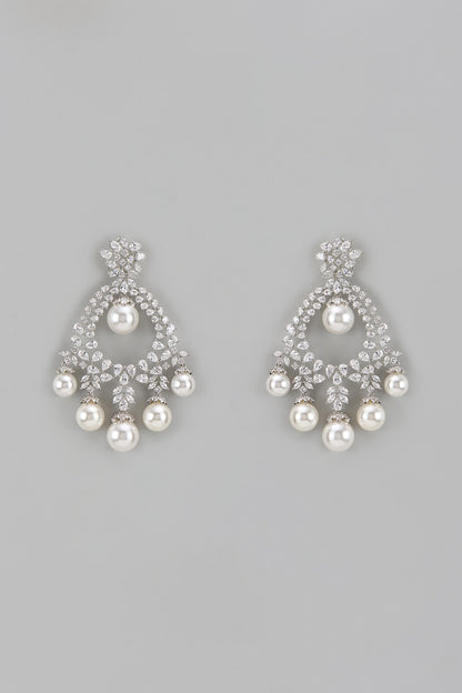 White Finish Diamond & Pearl Dangler Earrings