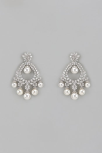 White Finish Diamond & Pearl Dangler Earrings