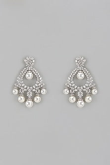 White Finish Diamond & Pearl Dangler Earrings