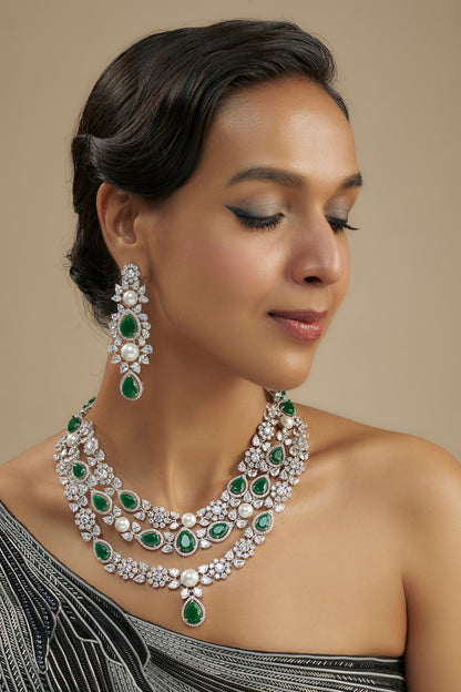 White Finish Diamond & Green Stone Long Necklace Set