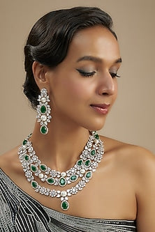 White Finish Diamond & Green Stone Long Necklace Set