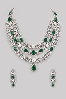White Finish Diamond & Green Stone Long Necklace Set