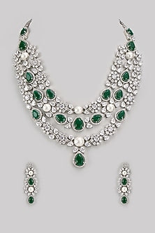 White Finish Diamond & Green Stone Long Necklace Set