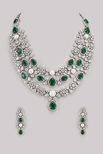 White Finish Diamond & Green Stone Long Necklace Set