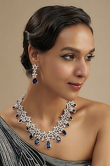 White Finish Diamond & Blue Stone Necklace Set