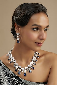 White Finish Diamond & Blue Stone Necklace Set