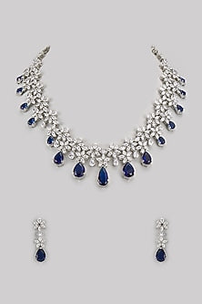 White Finish Diamond & Blue Stone Necklace Set