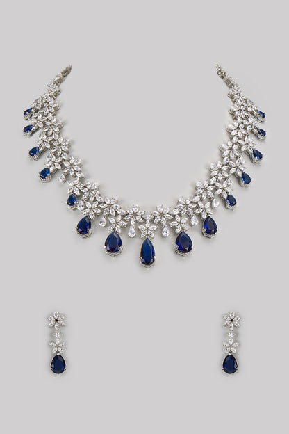 White Finish Diamond & Blue Stone Necklace Set