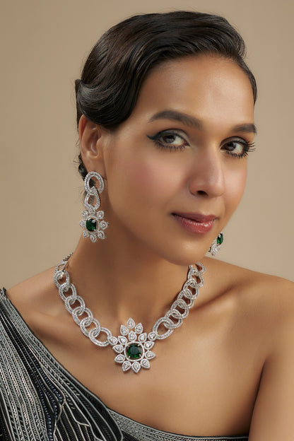 White Finish Diamond & Green Stone Necklace Set
