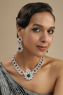 White Finish Diamond & Green Stone Necklace Set
