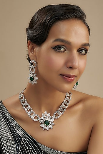 White Finish Diamond & Green Stone Necklace Set