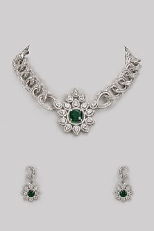 White Finish Diamond & Green Stone Necklace Set
