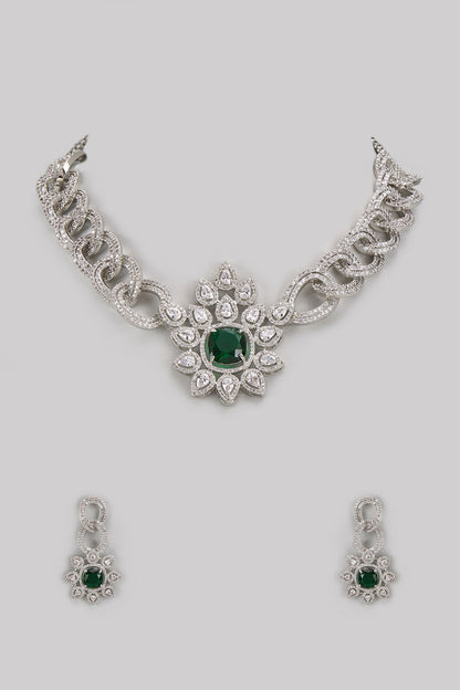 White Finish Diamond & Green Stone Necklace Set