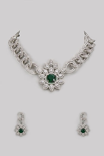 White Finish Diamond & Green Stone Necklace Set