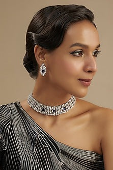White Finish Diamond & Blue Stone Choker Necklace Set