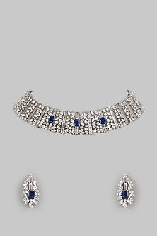 White Finish Diamond & Blue Stone Choker Necklace Set