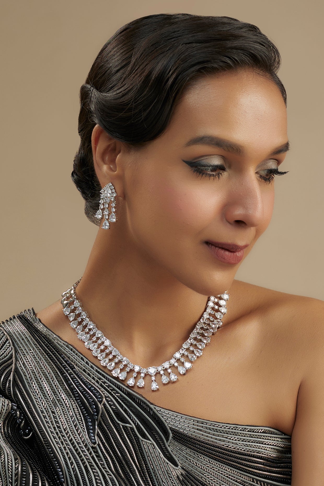 White Finish Diamond Necklace Set