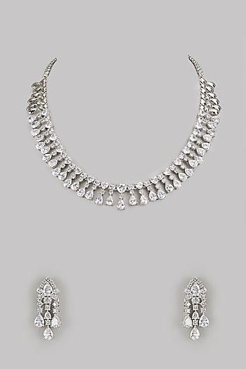 White Finish Diamond Necklace Set