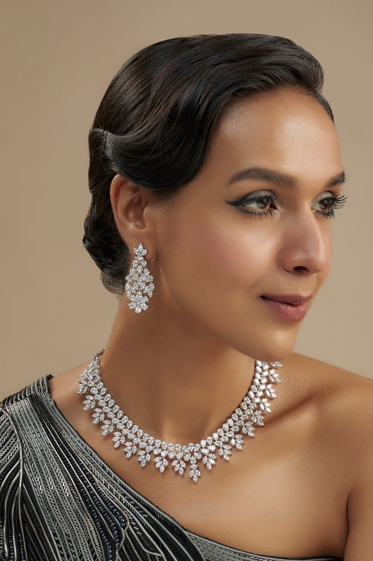 White Finish Diamond Floral Necklace Set