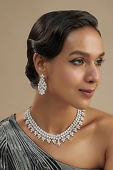 White Finish Diamond Floral Necklace Set