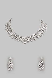 White Finish Diamond Floral Necklace Set