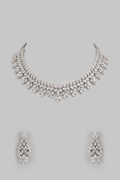White Finish Diamond Floral Necklace Set