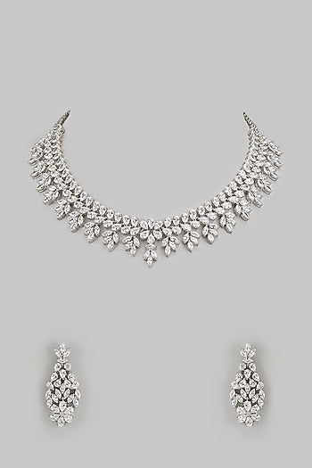 White Finish Diamond Floral Necklace Set