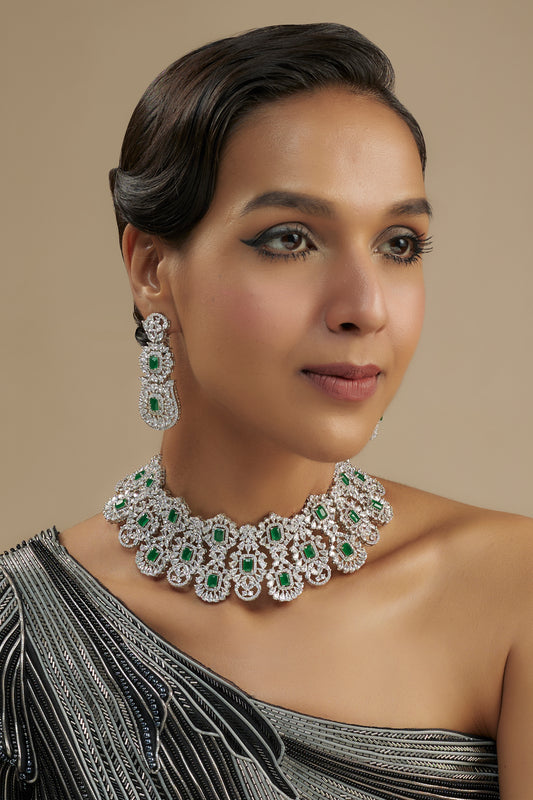 White Finish Diamond & Green Stone Necklace Set
