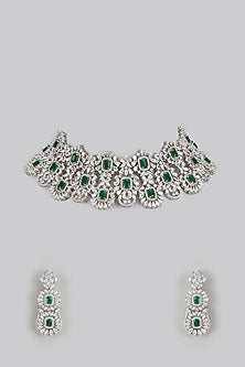 White Finish Diamond & Green Stone Necklace Set