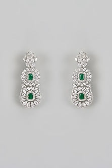 White Finish Diamond & Green Stone Necklace Set
