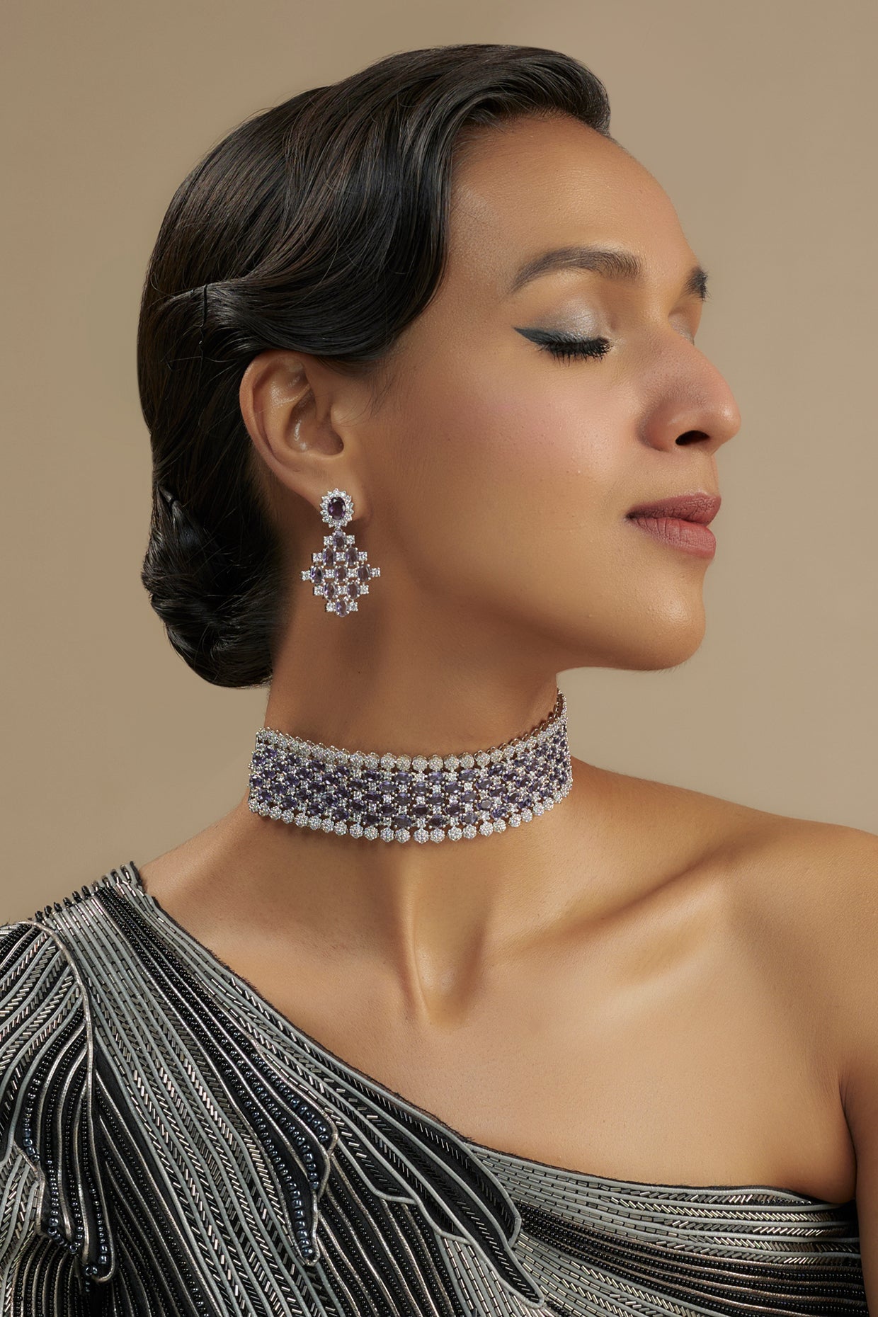 White Finish Diamond & Purple Stone Choker Necklace Set