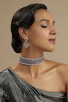 White Finish Diamond & Purple Stone Choker Necklace Set