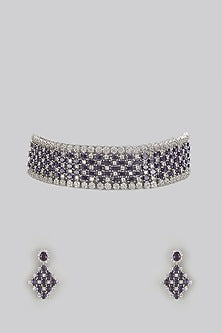 White Finish Diamond & Purple Stone Choker Necklace Set