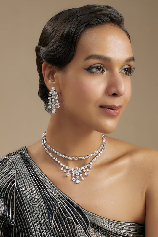 White Finish Diamond Layered Necklace Set