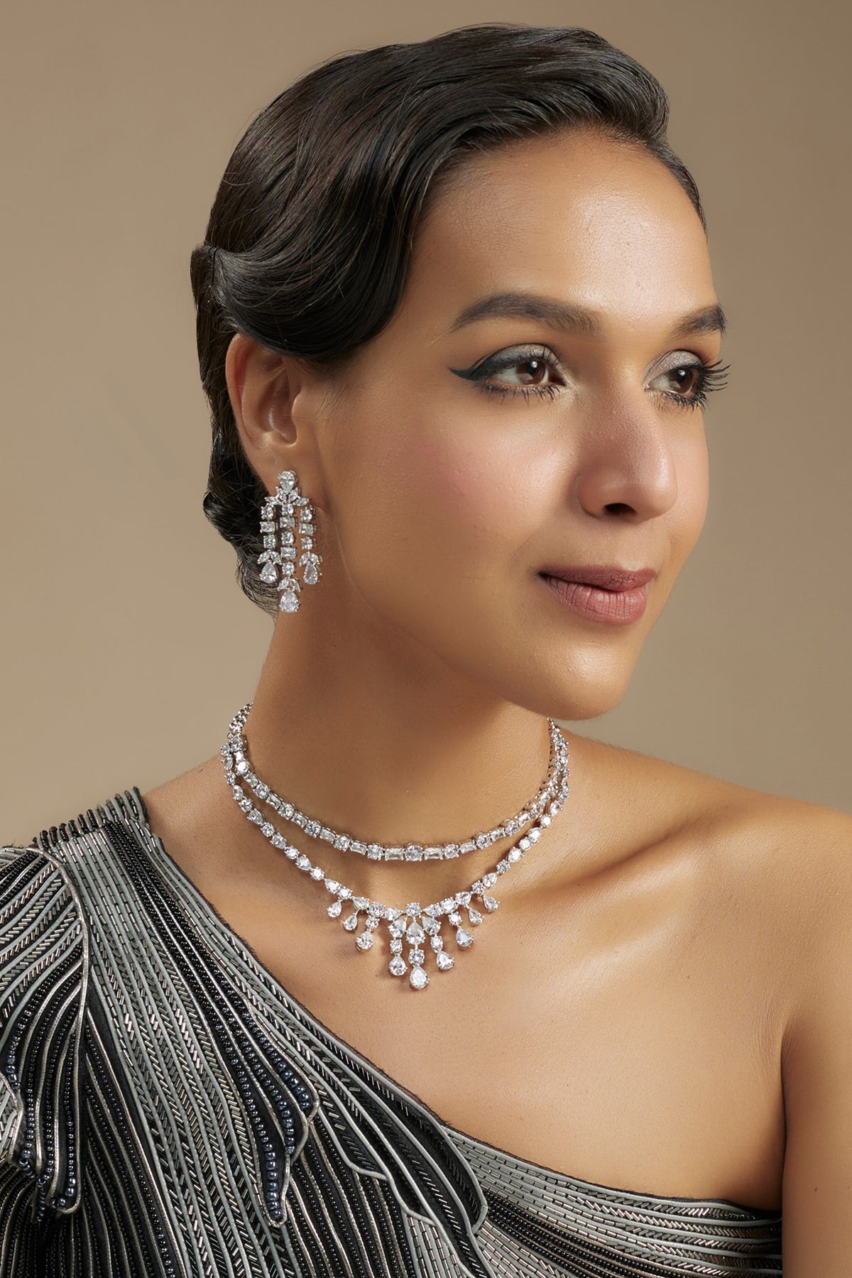 White Finish Diamond Layered Necklace Set