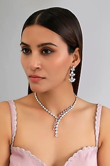 White Finish Diamond & Pink Stone Pendant Necklace Set