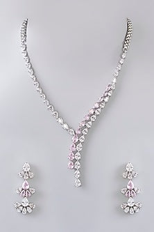 White Finish Diamond & Pink Stone Pendant Necklace Set