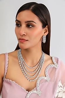 White Finish Diamond Layered Long Necklace Set