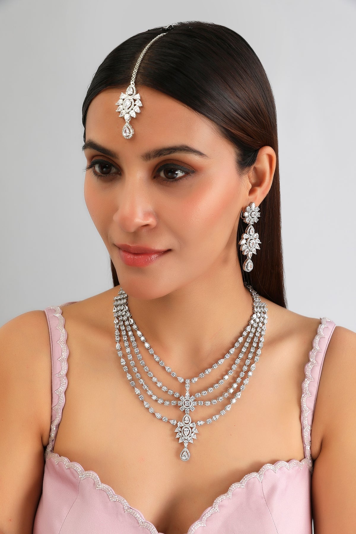 White Finish Diamond Layered Necklace Set